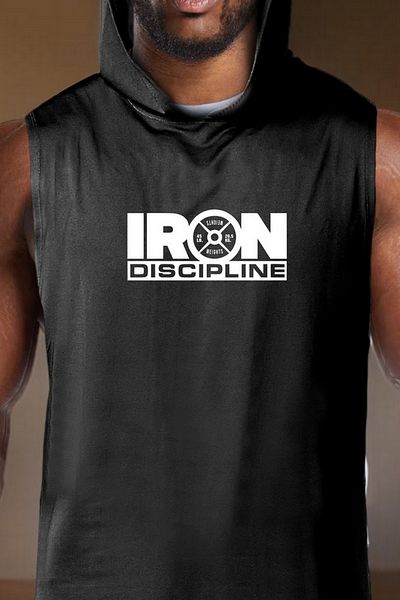 BESSA Men's Oversize Iron Printed Black Cotton Hooded Sports Undershirt - Crew Neck