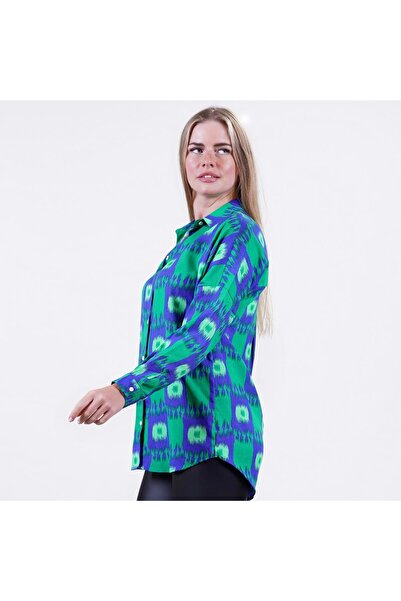 Exve Exclusive Blue Green Ethnic Patterned Oversize Comfortable Woven Women's Viscose Long Shirt Tunic