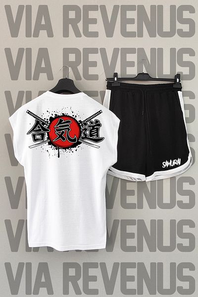 Vordevia Samurai Patterned White and Black Sports Set - Zero Sleeve T-shirt and Shorts