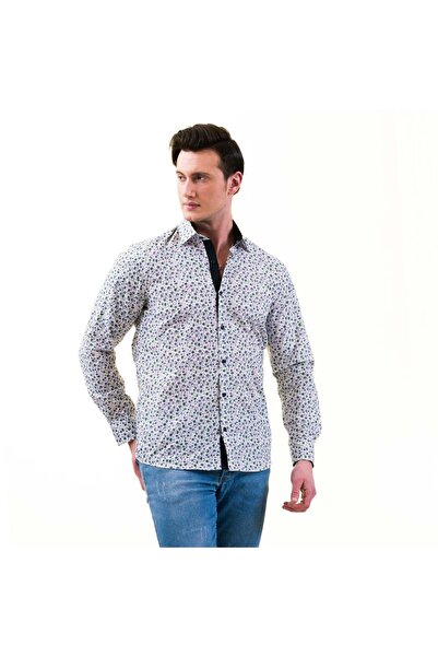 Exve Exclusive Тъмносиня и зелена мъжка тениска с дълъг ръкав с принт на цветя в бяло