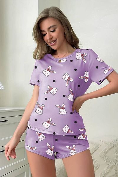 MEYLİYA lilac rabbit print short-sleeved shorts and pajama set - YSMN
