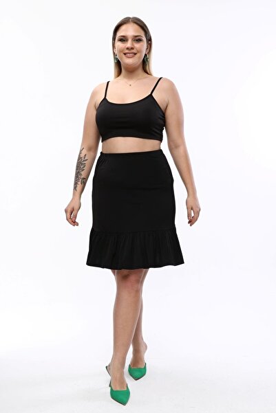 Seamoda Marime Plus - Fusta neagră confortabilă cu talie elastică, volane și lycra