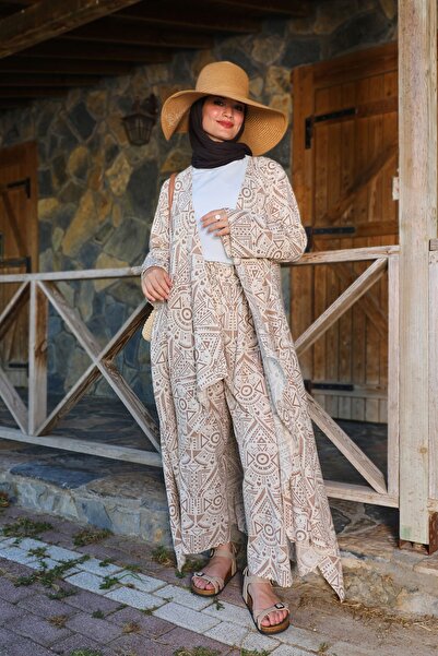 Moda Lippa Kimono din pânză maro cu model etnic