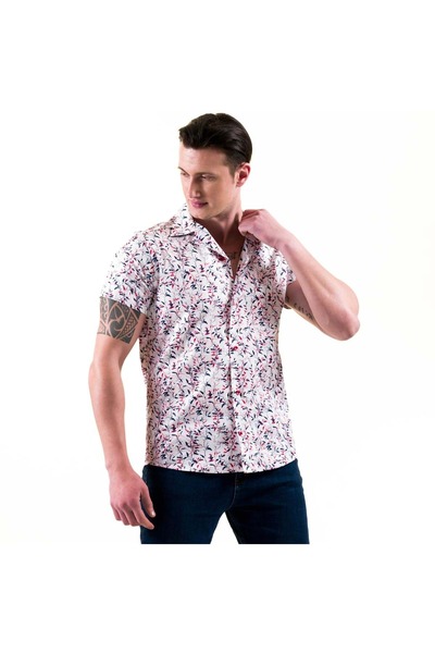 Exve Exclusive Red Blue Floral Printed Cotton Hawaiian Open Neck Short Sleeve Summer Shirt on White
