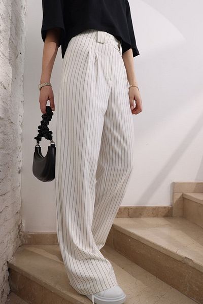 lovebox Waist Detailed Striped Pattern High Waist Wide Leg Ecru Women's Trousers 2042