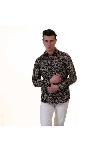 Exve Exclusive Navy Blue Gold Leopard Print Design Cotton Comfortable Loose-Fit Shirt