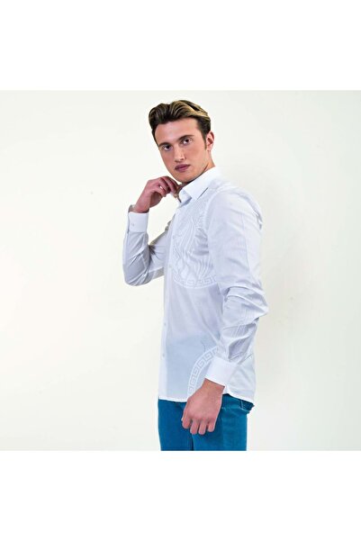 Exve Exclusive Cămașă slim cu mânecă lungă pentru bărbați, cu model alb de leu și căi navigabile imprimate pe alb