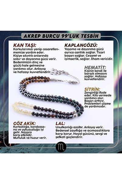 OSMANLI DOĞAL TAŞ Akrep Burcu 99'luk Tesbih Obsidyen-kan Taşı -ametist-lal-la...