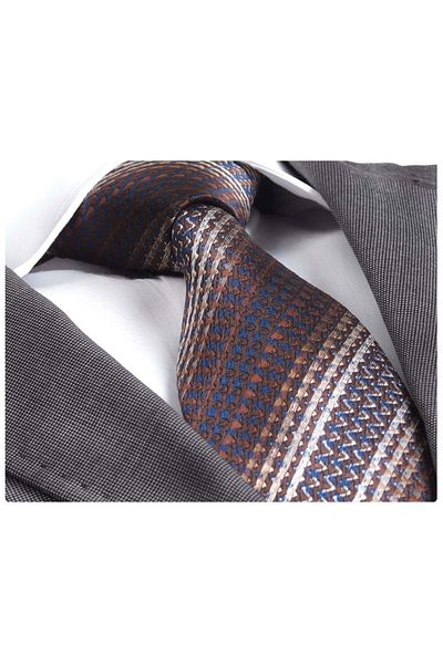Exve Exclusive Brown Beige Ethnic Patterned Grifted Jacquard Woven Tie