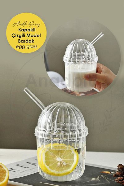 Anadolu Saray Heat Resistant Borosilicate Line Model Glass with Lid and Straw Eggglass | Coffee Presentation Cup