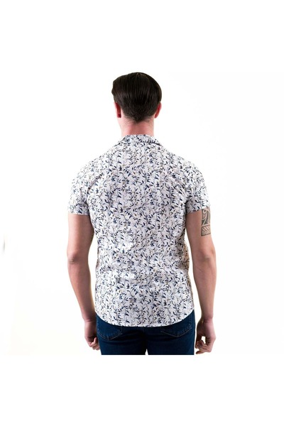 Exve Exclusive Cămașă de vară cu mânecă scurtă, cu guler croșetat hawaian din bumbac cu imprimeu floral, albastru bleumarin, pe alb