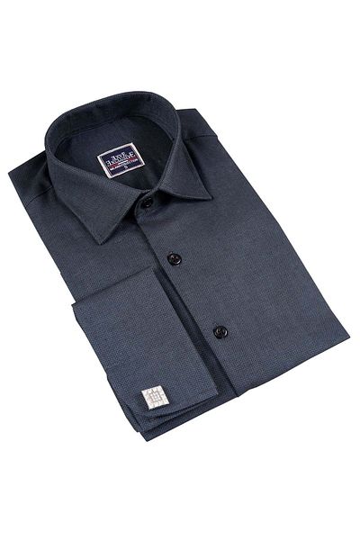 Exve Exclusive Cămașă elegantă din bumbac albastru petrol, țesută în jacquard, cu manșetă dublă, cu butoni