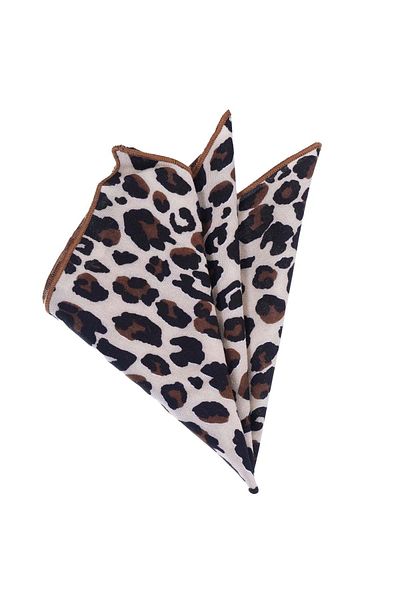 Exve Exclusive Brown Beige Leopard Patterned Natural Viscose Pocket Collar Handkerchief