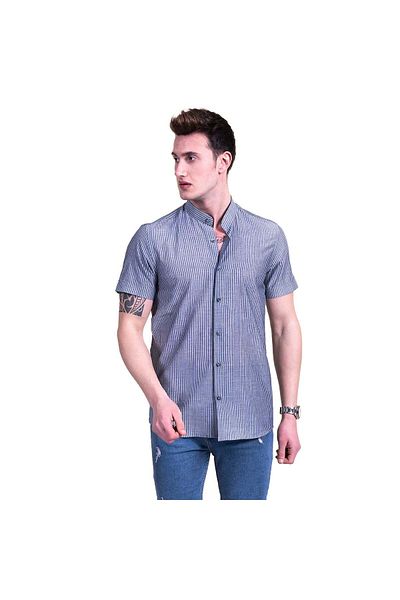 Exve Exclusive Πουκάμισο Judge Collar Γκρι Λευκό Ριγέ Βαμβακερό κοντομάνικο πουκάμισο