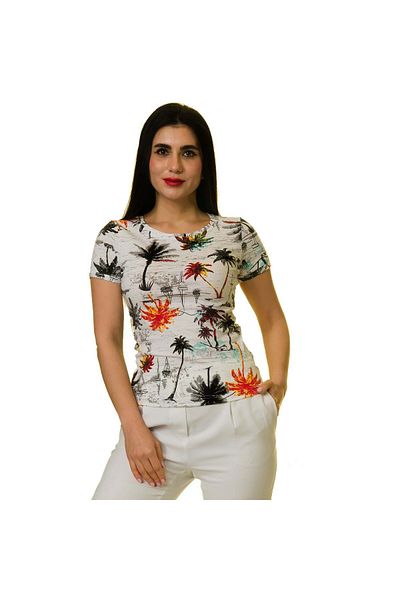 Exve Exclusive Γυναικείο T-shirt με μπλουζάκι από βαμβακερό λαιμόκοψη σε μπεζ στάμπα