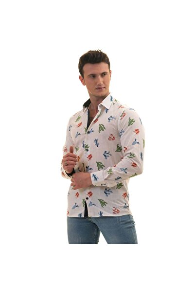Exve Exclusive Бяла дишаща риза Slim Fit с принт на кактус и пламъци
