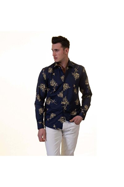 Exve Exclusive Синя сорочка з золотим принтом троянди, бавовняна, вільного крою
