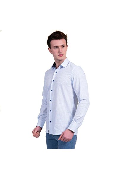 Exve Exclusive Синьо-біла смугаста комір детально оброблена натуральна лляна сорочка Slim Fit для чоловіків