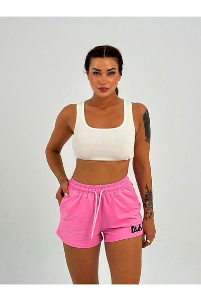 Maison La Femme Pantaloni scurti roz brodați cu talie elastică de damă