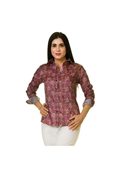 Exve Exclusive Burgundy Gold Paisley Pattern Printed Polyester Women's Shirt