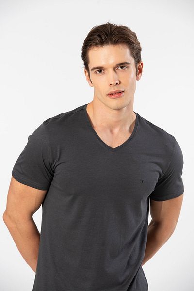 Cacharel 2170 Ανδρικό μπλουζάκι Modal Cotton V-Neck με κοντό μανίκι/ανθρακί