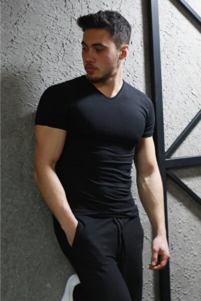 EMKA GİYİM تي شيرت رجالي أسود 70% قطن 30% ليكرا بقصة ضيقة ورقبة على شكل حرف V