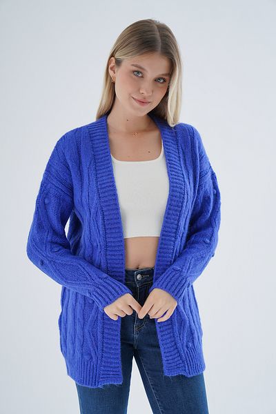 Trist Star Cardigan de tricotaj cu pompon supradimensionat de culoare Saks - tricotat executiv, amestec de lână, TRIST-6165
