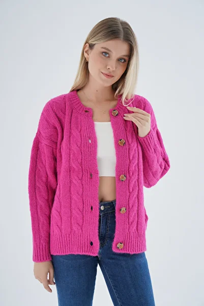 Trist Star Fuchsia Oversize Knitwear Cardigan - Crew Neck, Buttoned, Hair Braided, Wool Blend TRIST-6166