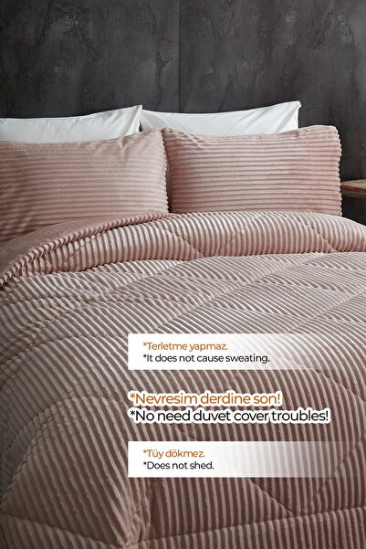 Patterson Sherpa Çift Taraflı Yorgan Seti ( Uyku Seti ) Yumuşak Günlük Wellsoft Çift Kişilik 3 Parça Pudra