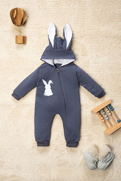 Mai Perla Rabbit Embroidered Pompom Zippered Baby Jumpsuit - Eared