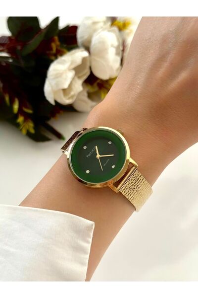 Ferrucci ساعة يد نسائية من FERRUCCI باللون الذهبي مع قرص داخلي أخضر وسوار من القش