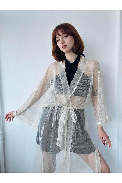 Retrobird Shiny Mesh Fabric Long Kimono Women's Cream Gold