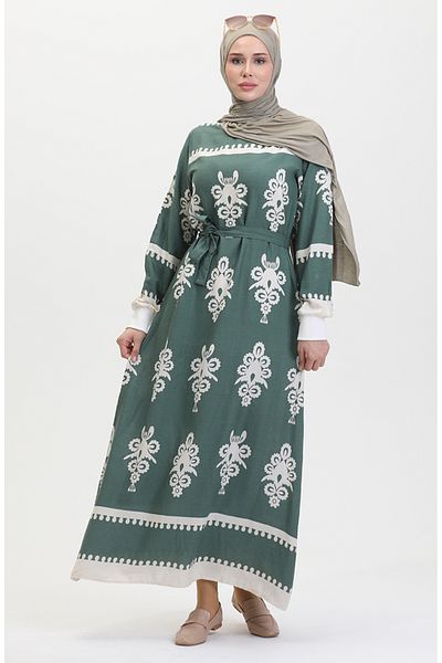sefamerve Green Viscose Dress - Patterned and Belted 0443-04