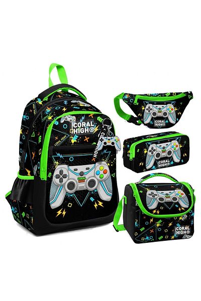 Coral High Set de suport pentru pix și geantă pentru băieți, cu model pentru gamer, negru, pentru nutriție școlară