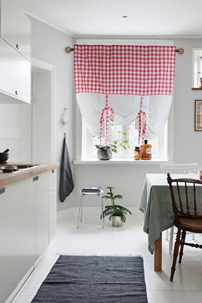 cotton maison Naturel Potlu Ekose Tül Perde Retro