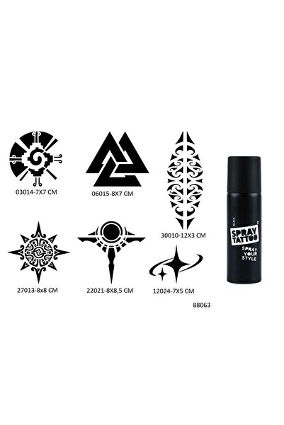 Airbrush Tattoo Aztek ve Maori 6 Adet Şablon ve Siyah Sprey Geçici Dövme Seti