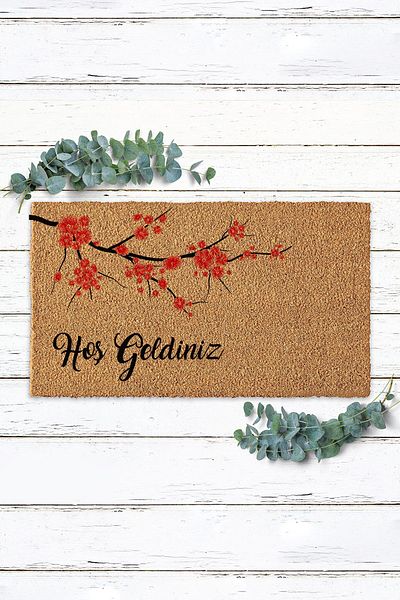 Paspas Yap Red Floral Tree Branch Welcome Door Mat Koko Mat Outside Door Mat Bristle Mat