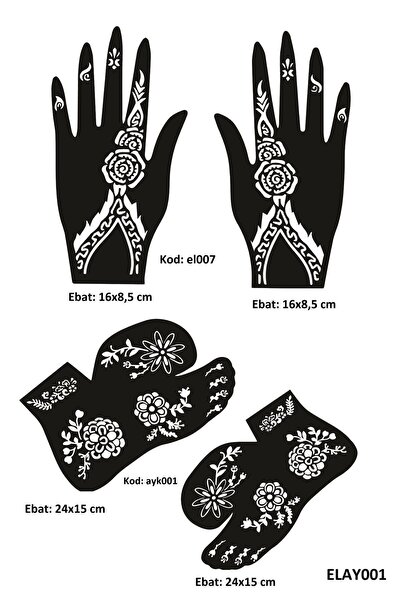 Airbrush Tattoo Çiçek Model El ve Ayak Kına Kalıpları 4'lü Paket Sadece Kalıp
