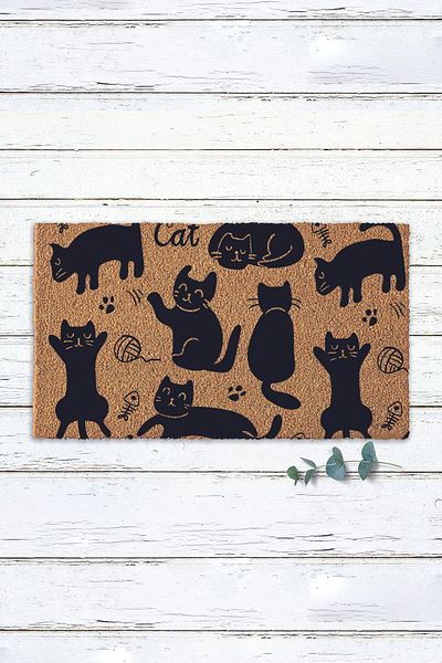 Paspas Yap Cat Patterned Door Mat Koko Mat Outside Door Mat Bristle Mat Mat for Home