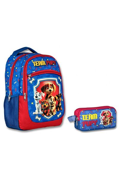 ÜMİT ÇANTA Ummit Bag for Boy - Cennec Cute Dogs, Blue/Red School Bag Set