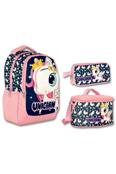 ÜMİT ÇANTA Cennec 3D Unicorn - Girl's Navy Blue-Pink Triple Primary School Bag Set