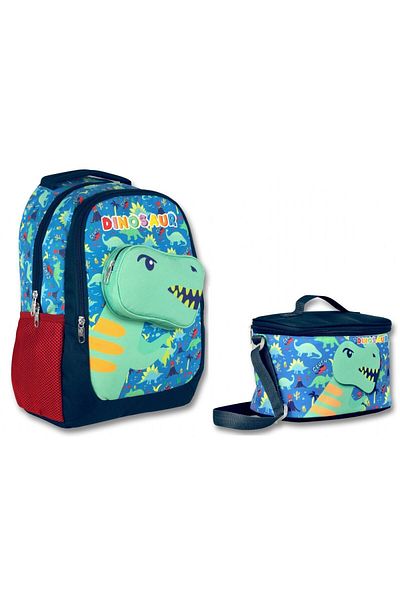 ÜMİT ÇANTA Boy's Green 3D Dinosaur Primary School Backpack and Lunchbox Set - Cennec