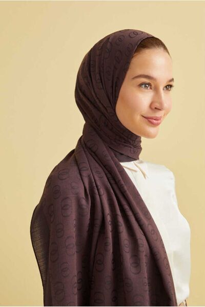 Imannoor Zincir Desen Kahverengi Pamuk İpek Şal 70x210