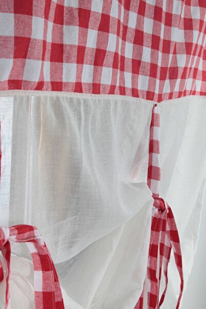 cotton maison Naturel Potlu Ekose Tül Perde Retro