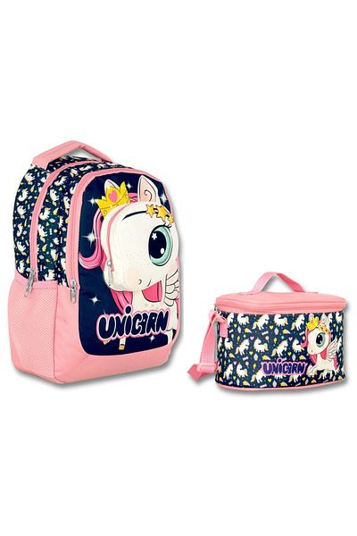 ÜMİT ÇANTA Cennec 3D Unicorn Girl's Backpack and Lunchbox Set - Navy Blue-Pink