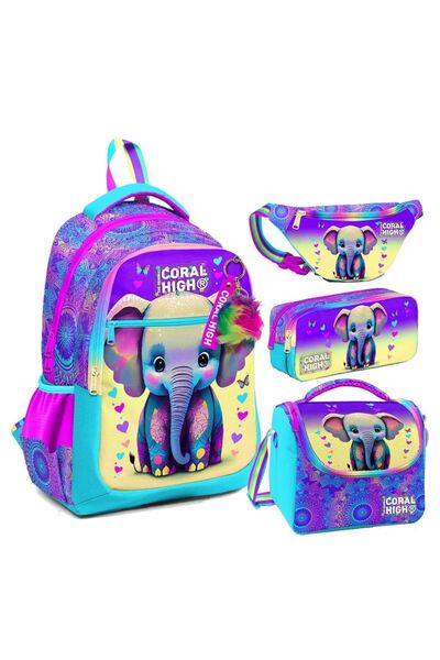 Coral High Pembe Turkuaz Fil Desenli Kız Çocuk Okul Beslenme Kalemlik ve Bel ...
