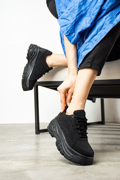 İmerShoes Pantofi de damă din piele intoarsa neagra - cu siret, talpa inalta usoara groasa, pantofi sport casual 001