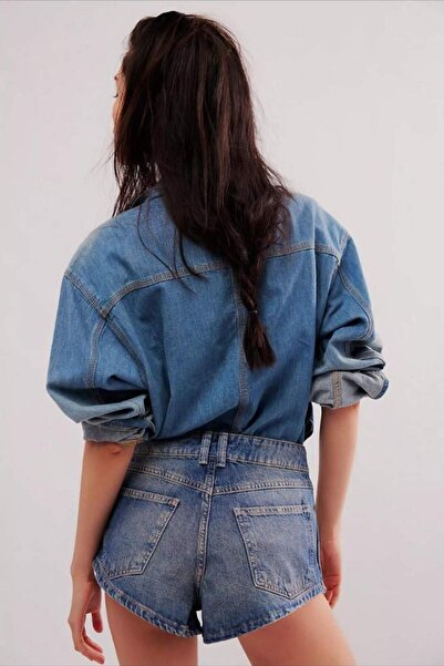 KRIMO Kadın Mavi Cep Detaylı Mini Jean Şort Kot Denim Şort