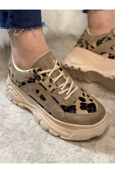 İmerShoes Pantofi de damă bej cu imprimeu leopard, cu talpă înaltă și ușoare - cu șireturi 001