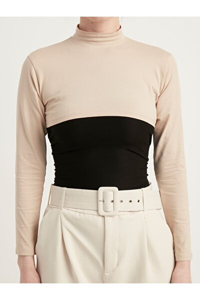 Schaless Beige Turtleneck Long Sleeve Cotton Bodysuit